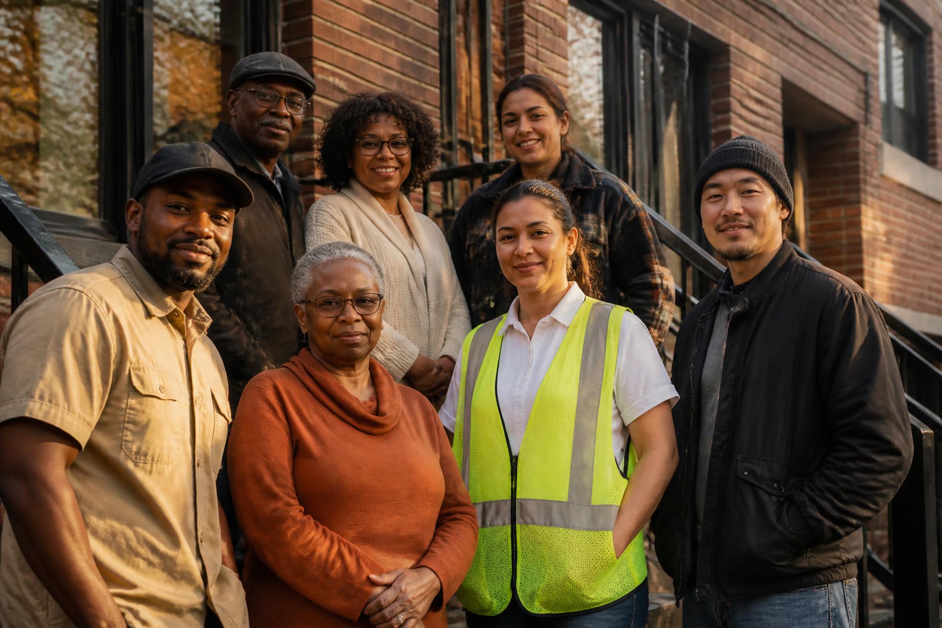 A group of neighbors, residents, and a community volunteer standing together outside a renovated apartment building at golden hour
