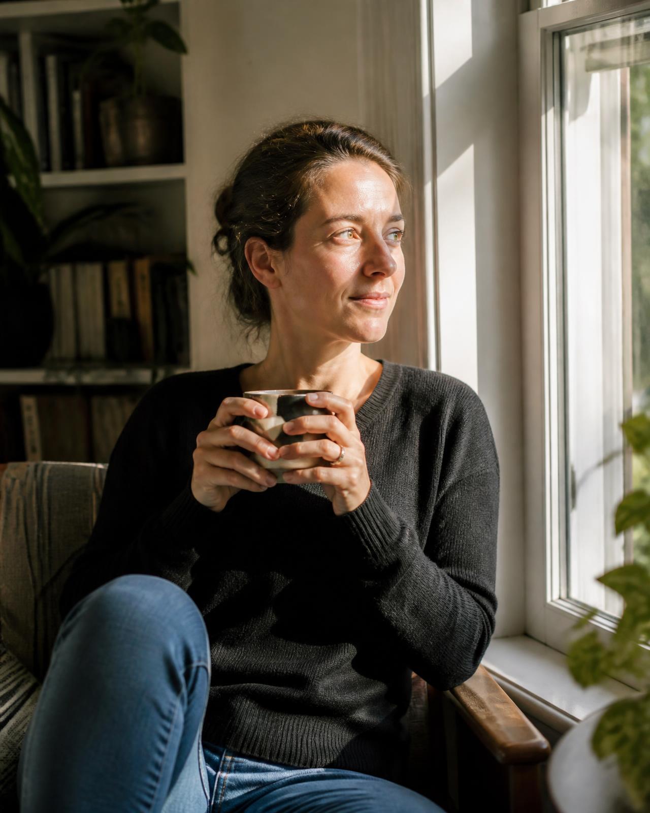 A woman sitting by a sunlit window in her apartment, holding a mug and looking outside