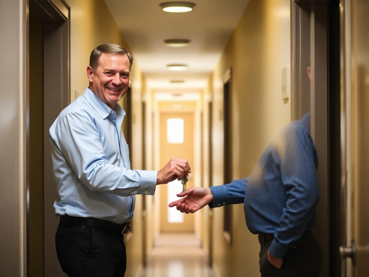 Placeholder photograph of a staff member handing apartment keys to a resident in a hallway